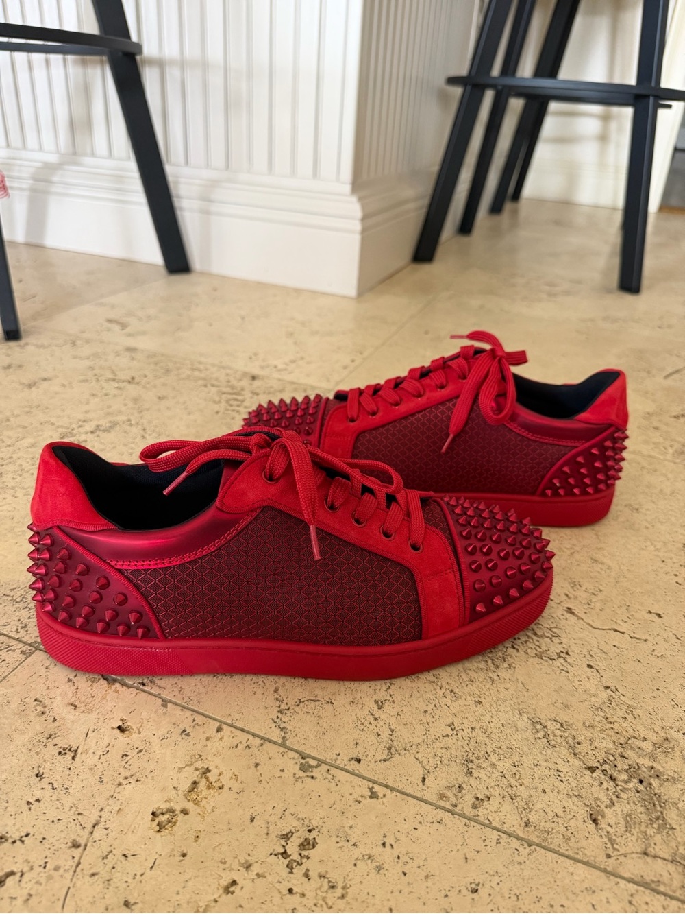 Christian Louboutin Men’s Red Spiked Low-Top Sneakers with Honeycomb Panels - Picture 3 of 7